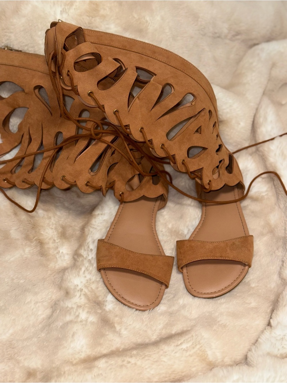 torrid suede Brown Laser-Cut Lace-Up Gladiator Sandals
